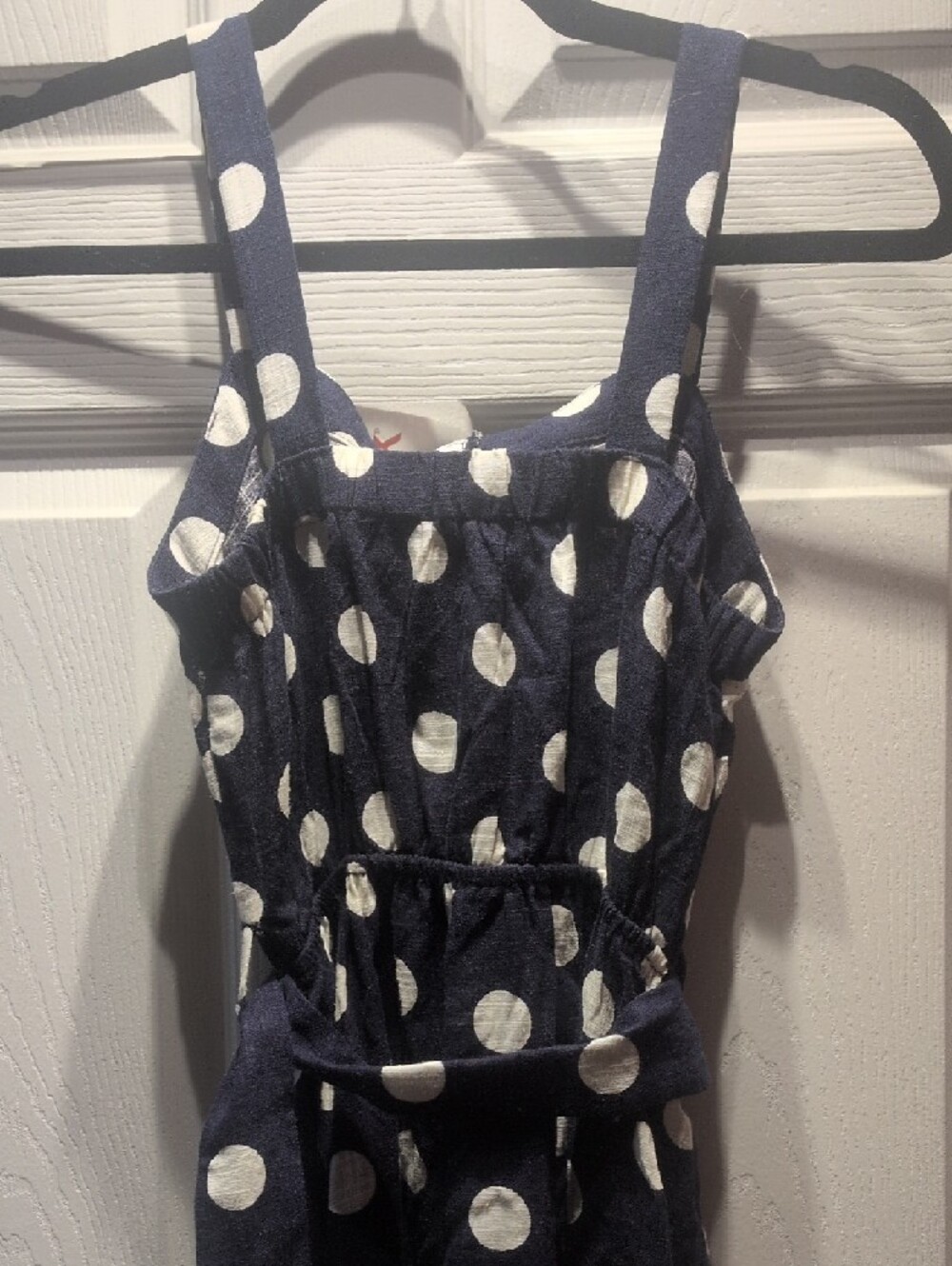 Navy and White Polka Dot Sleeveless Midi Dress with Belt - Picture 3 of 6